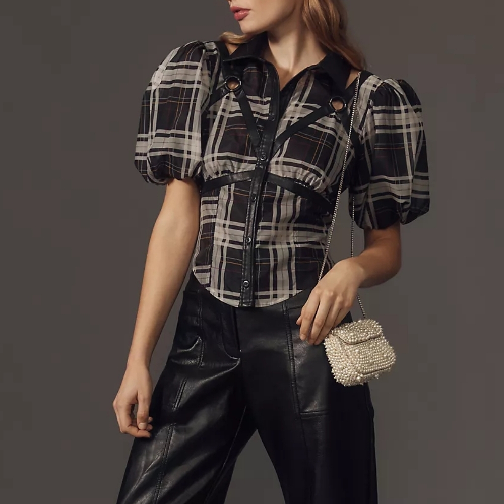 Anthropologie Pilcro Puff Sleeve Harness  Blouse NWT Size XS